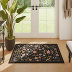 Vintage Medallion Floral Indoor Door Mat 2x3, Machine Washable Entryway Rug, Low Pile Soft Small Carpet, Non-Slip Area Rug for Entrance, Bedroom, Kitchen & Kids Room | Black