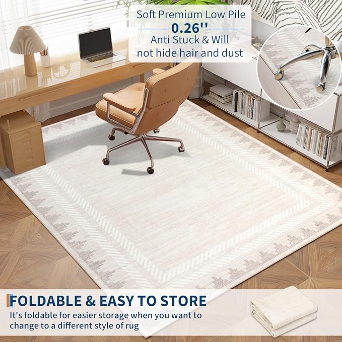 Bordered Washable Non Slip Runner Rug 2x6 for Hallway Kitchen Modern Fodable Stain Resistant Soft Bedroom Living Room Rugs Geometric Non-Shedding Low Pile Long Carpet, Beige