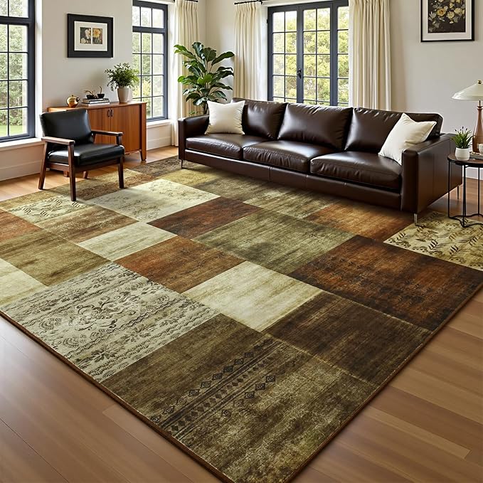 DweIke Washable Area Rugs for Living Room, 4x6 Soft Bedroom Rugs, Geometric Print Non-Slip Modern Rug, Stain Resistant Throw Carpets for Office Nursery Dining Room Home Dorm Decor, Brown