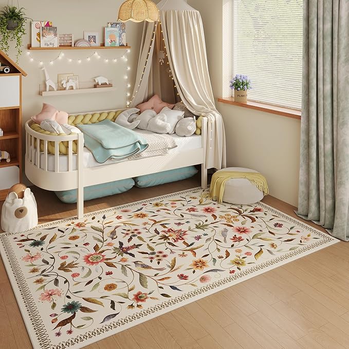 Vintage Medallion Floral 3x5 Washable Rug, Soft Low Pile Area Rug, Non-Slip Carpet for Bedside, Bedroom, Bathroom, Entryway, Kitchen, Office, Kids/Girls Room | Beige