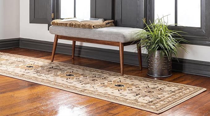 Unique Loom Taftan Collection Border Geometric Tribal Inspired Design Area Rug (2' 7 x 10' 0 Runner, Ivory/ Tan)