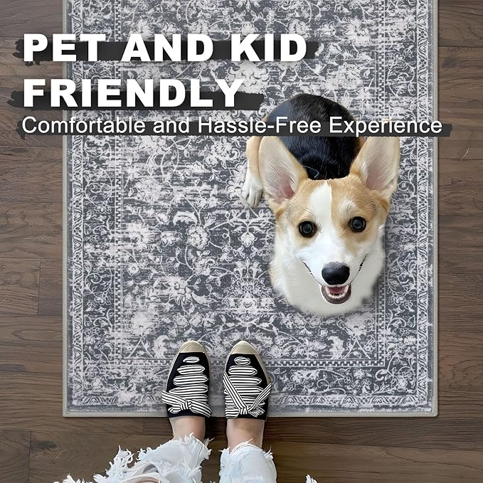 KILOCOCO Hallway Runner 2x8 Rug Runner Printed Vintage Floral Washable Kitchen Runners Non-Slip Rubber Backed Runners for Hallways Laundry Room Distressed Boho Rugs for Entryway Bedroom, Grey