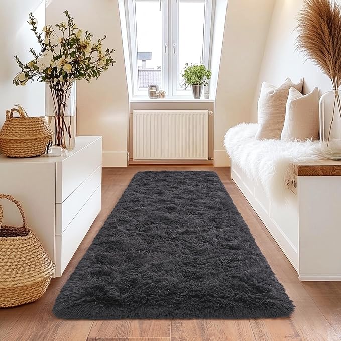 Fluffy Area Rugs for Living Room, Soft Shaggy Carpets for Living Room, Upgrade Anti-Slip Fuzzy Rugs for Kids' Room, Perfect Decor for Modern Home Charcoal 2x6 Feet