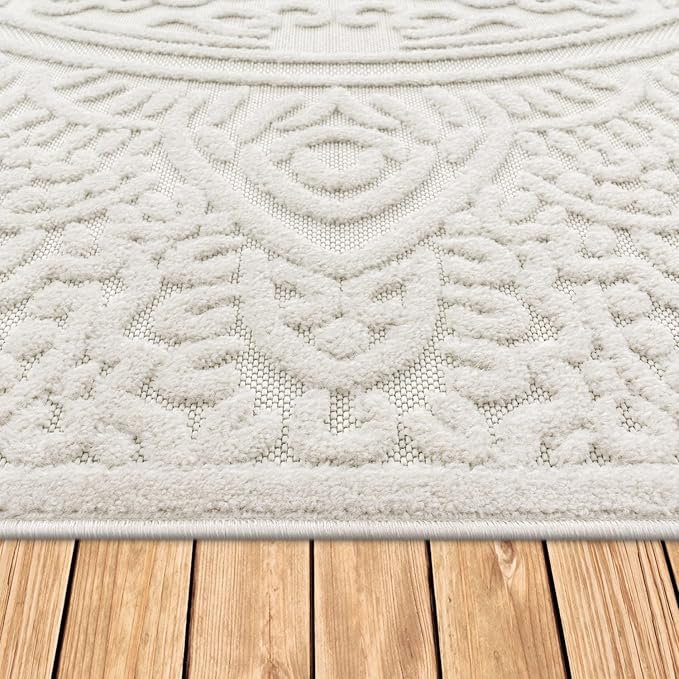 Paco Home Modern in- and Outdoor Rug with Carved Oriental Mandala Pattern in Cream, Size: 4' x 5'7"