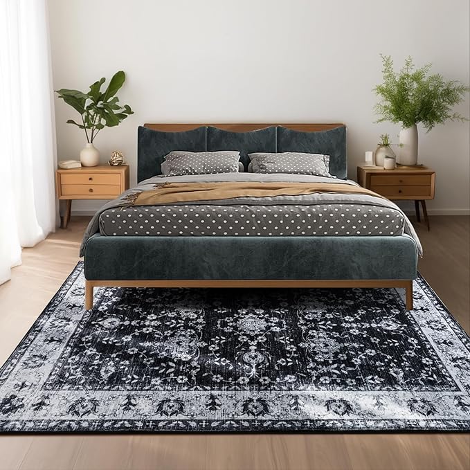 Area Rug 5x7, Washable Faux Wool Throw Rugs for Living Room, 0.3″ Non Slip Low Pile Vintage Boho Carpet for Ding Room, Home Office, Bedroom, Kids Room, Bedside (Black White)