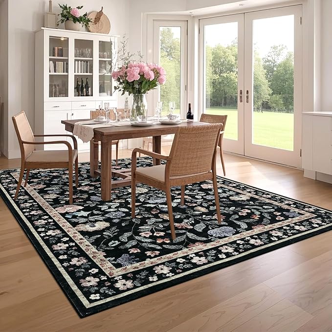 GarveeHome Washable Area Rug 9 x 12 for Living Room, Non-Slip Soft Vintage Rug, Low Pile Farmhouse Floral Carpet, Non-Shedding Indoor Foldable Printed Rugs for Bedroom, Black