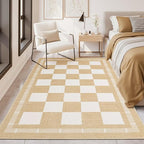Vasofe Checkered Jute 5x7 Area Rugs, Washable Outdoor Patio Rug for Living Room Bedroom Indoor Carpet, Non Slip Modern Farmhouse Neutral Geometric Rugs Office Porch Dining Room Mat, Khaki and White