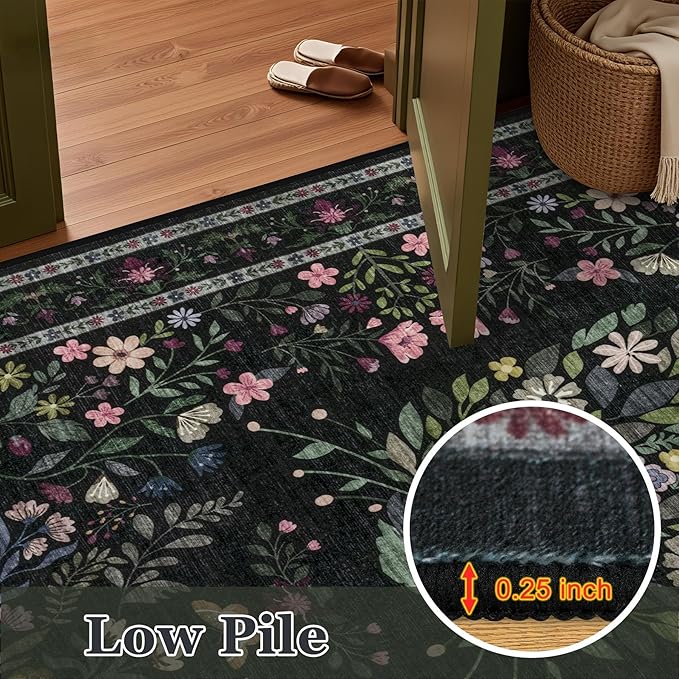 9x12 Area Rugs Living Room Rug: Vintage Washable Rug Floral Soft Carpet Indoor Floor Non-Slip Boho Stain Resistant Large Carpets for Bedroom Kids Nursery Dining Room Farmhouse Home Office Black/C02