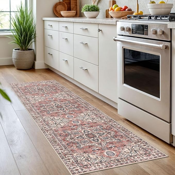 KOZYFLY Runners for Hallways 2x7 Ft Washable Kitchen Runner Rug Boho Runner Rug for Entryway Indoor Printed Faux Wool Long Floor Carpet Runner for Bedroom Laundry Kitchen Hallway, Terracotta/Beige