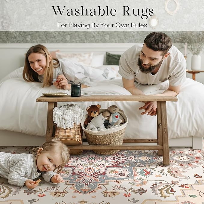 Phantoscope Washable Area Rug 9'x12' Non-Slip, Vintage Boho Rugs for Living Room, Bedroom, Dining Room, Persian Floral Medallion Pattern, Low-Pile Foldable Floor Carpet, Ivory Rose/Fall Bloom