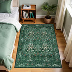 Green Boho Floral 3x5 Rugs for Large Entryway, Farmhouse Botanical Washable Area Rug for Dorm, Bedroom Bedside, Foyer, Kitchen, Laundry - Cottagecore Distressed Carpet, Low Pile Non Slip Mat