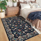 Rugcomf Vintage Paisley 3'x5' Area Rug - Machine Washable, Non-Slip Low Pile Small Floral Carpet for Bedroom, Bedside, Kitchen, Entryway, Kids/Girls Room, Office - Blue