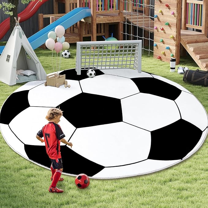 Soft Soccer Rug, Gifts for Boys Girls, Cute Bedside Shag Area Rug for Kids Toddlers Teens, Non Slip Room Decor Indoor Carpet for Bedroom Living Room, Nursery, Machine Washable 6 Ft inch