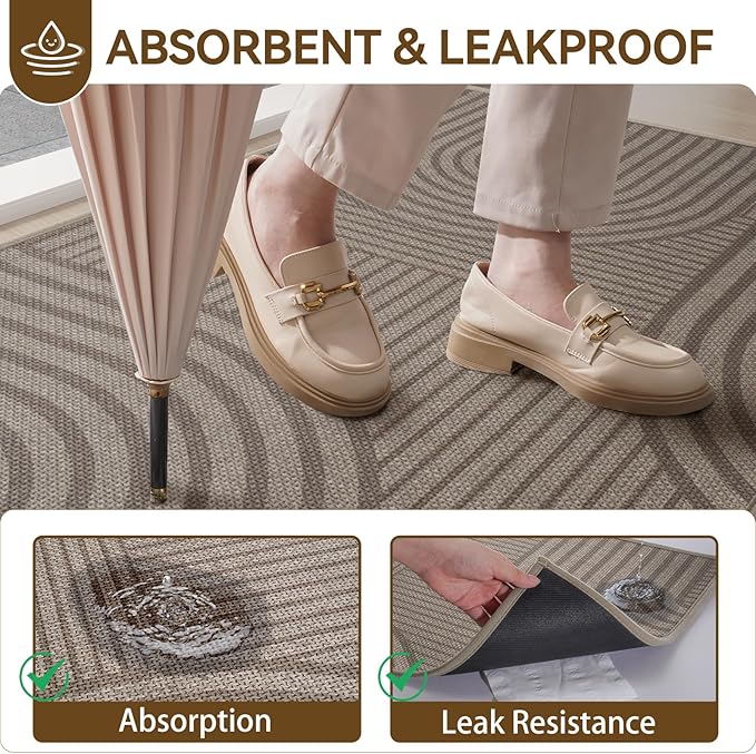 Front Door Mat 24''x35'', Absorbent Muddy Dirt Resist Washable Non Slip Low-Profile Indoor Doormat, Easy Clean Welcome Entryway Door Mats, Brown