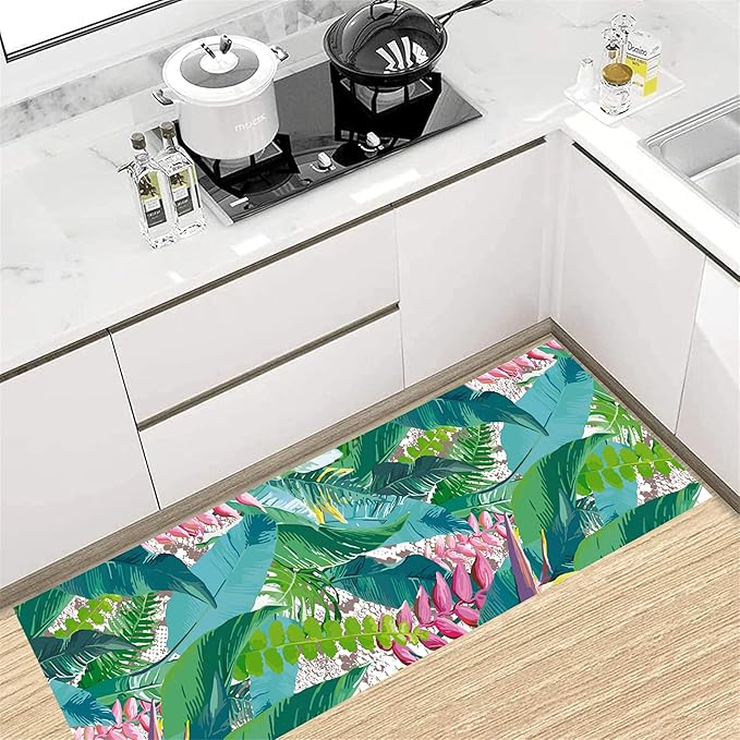 Tropical Rug Runner 2.6x10ft - Non-Slip Durable Floral Leaf Pattern Carpet for Hallway, Stairs, Entryway, Easy Clean Floor Decor