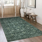 Vintage 4x6 Living Room Washable Rug, Dark Green Non-Slip Soft Bedroom Area Rug Thin Printed Faux Wool Floor Super Soft Carpet Throw Rugs for Nursery Playroom Dining Room Indoor Office