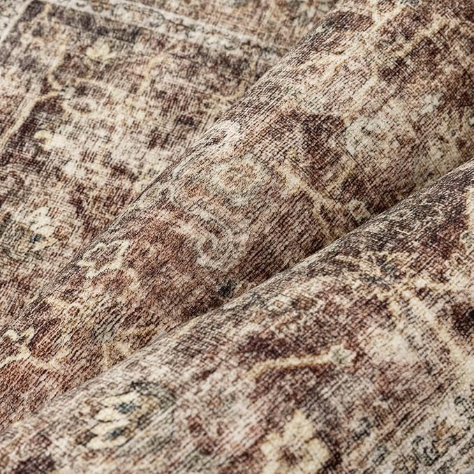 2x6 Washable Runner Rug for Kitchen Hallway Rust Vintage Non-Slip Low Pile Distressed Rustic Carpet Lightweight Vacuumable Soft Throw Rug for Indoor Entryway Bedroom
