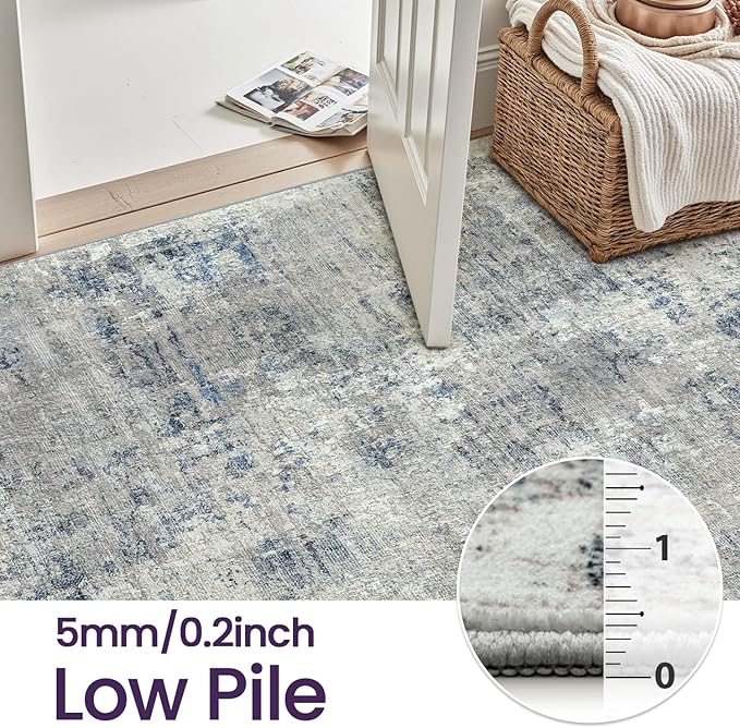 DEXI 5x8 Area Rug for Living Room, Modern Abstract Thin Washable Rug Indoor Floor, Non Slip Stain Resistant Low Pile Carpet for Dining Room Bedroom Office, Blue