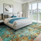 Washable Area Rugs for Living Room 9x12 - Large Neutral Modern Abstract Rug, Soft Low Pile Carpet with Non Slip Backing for Under Dining Room Table, Bedroom, Home, Office, Dorm - Teal Brick