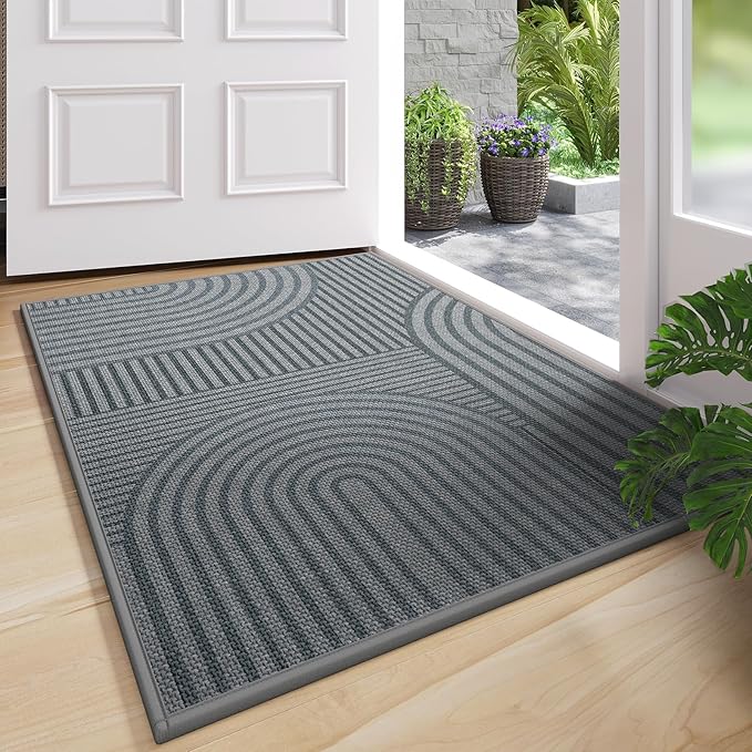 Front Door Mat 17''x30'', Absorbent Muddy Dirt Resist Washable Non Slip Low-Profile Indoor Doormat,Easy Clean Welcome Entryway Door Mats, Grey
