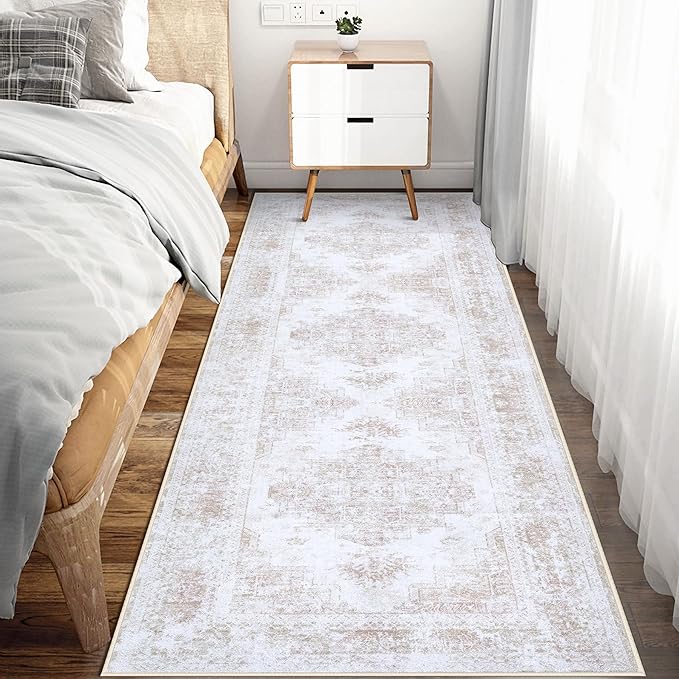 Runner Rug 2x6 Vintage Rugs, Machine Washable Kitchen Runner Retro Medallion Distressed Rug Non-Slip Soft Low Pile Hallway Rugs for Entryway Bedroom Bathroom Laundry(Beige,2'x6')