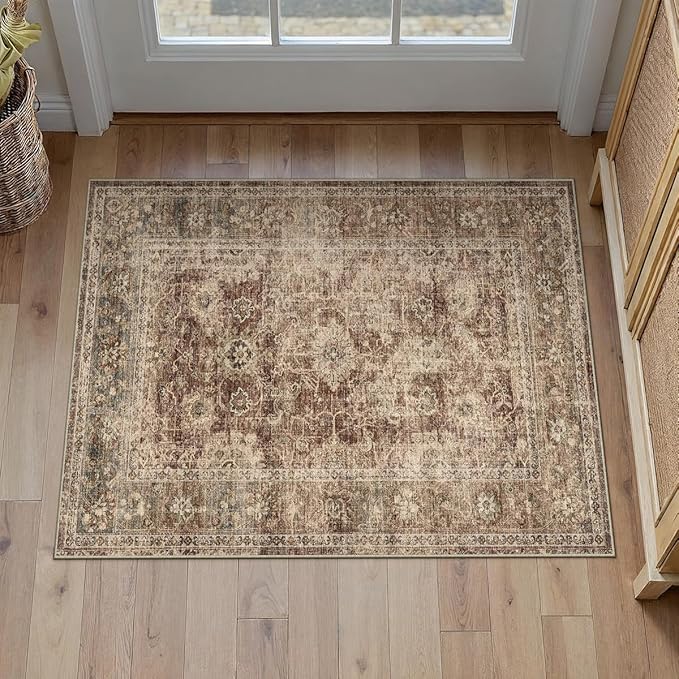 2x3 Washable Area Rug for Entryway Rust Vintage Non-Slip Low Pile Distressed Rustic Carpet Lightweight Vacuumable Inoor Door Mat Soft Small Throw Rug for Entrance Bathroom