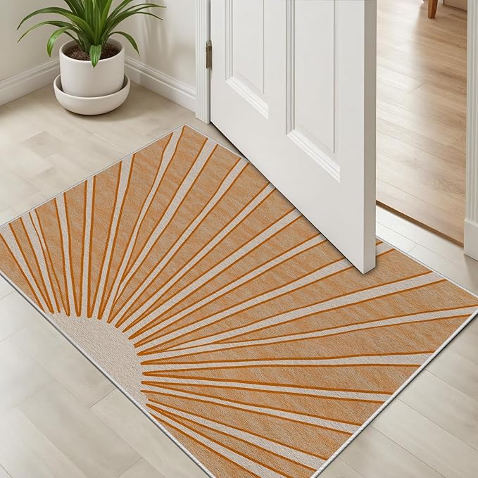 Boho Sun Print Area Rug for Living Room 7x10, Modern Abstract Non-Slip Washable Rugs, Soft Stripe Minimalism Carpet for Bedroom, Nursery, Entryway, Dining Room & Office Decor, Orange White