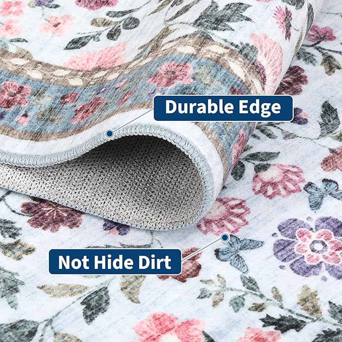 GarveeHome 2x3 Floral Rugs for Entryway, Non-Slip Soft Vintage Throw Door Mat, Low Pile Foldable Farmhouse Carpet, Non-Shedding Indoor Washable Small Rug for Bedroom, Light Blue