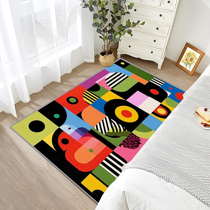 Funky Bedroom Rug - Colorful Abstract Heart Rug, 6x9 Area Rugs, Hippie Aesthetic Pop Art Non Slip Fade Resistant Large Carpets Home Decor #C062