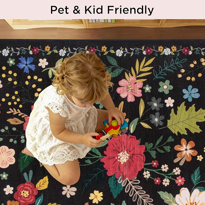 Rug Runners 2x6, Floral Washable Kitchen Rugs for Hallways Area Rugs, Non Slip Long Rug Low Pile Entrance Doormat, Flower Carpet for Kitchen, Entryway Indoor, Bedroom, Bathroom, Laundry, Black