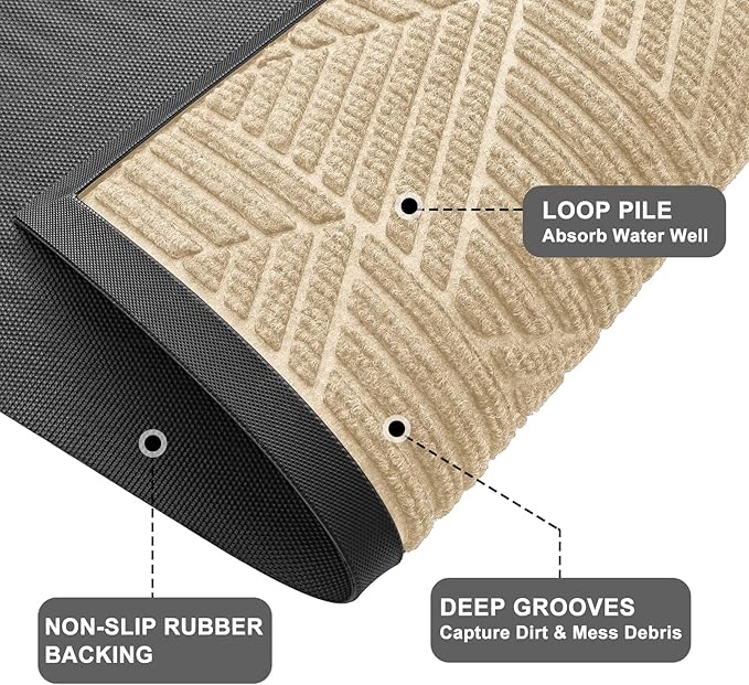 Kitinjoy Front Door Mat Outside Entrance, Sturdy Natural Dirt Trapper, Heavy Duty Rubber Doormat, Low Profile Non-Slip Backing, Easy Clean Floor Mat for Indoor Outdoor Entry, 47X32 Inch, Beige