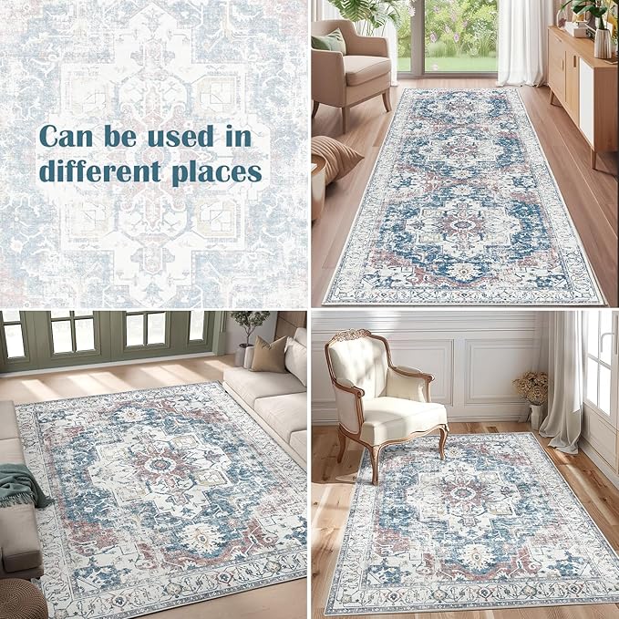 jinchan Kelda Runner Rug 3x10 Vintage Hallway Rug Washable Runner Retro Floor Cover Lightweight Non-Slip Low Pile Thin Distressed Carpet for Entryway Bathroom Laundry Room Bedroom Stairway Navy Blue