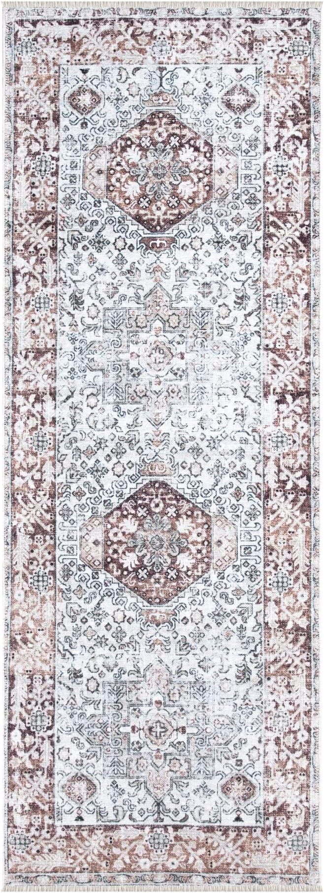Bloom Rugs Caria Washable Non-Slip 12 ft Runner - Beige/Brown Traditional Runner for Entryway, Hallway, Bathroom, and Kitchen - Exact Size: 2'6" x 12'