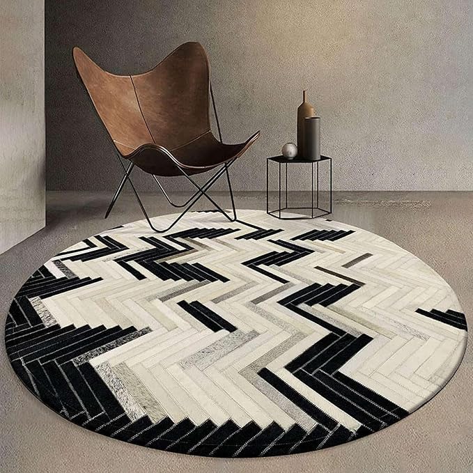 Round Cowhide Faux Leather Area Rug 7×7 ft – Black & White Modern Chevron Pattern Low Pile Carpet with Non-Slip Wool Backing, Soft Durable Living Room & Bedroom Accent Rug