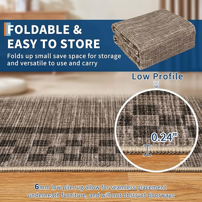 GarveeHome Area Rug 10x13 Living Room Rug Modern Bordered Soft Large Area Rugs for Bedroom Washable Checkered Dining Room Throw Carpet Non Slip Stain Resistant Geometric Rugs for Home Office, Brown
