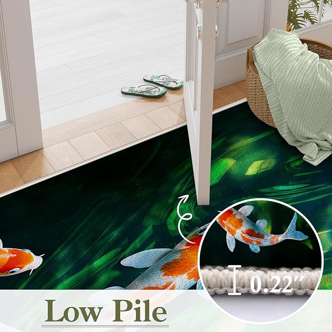Green Pond Koi Fish Area Carpet, 6x8ft, 3D Realistic Underwater Koi Printed Carpets, Chinese Natural Landscape Soft Low Pile Rug, with Non Slip Backing Pet Friendly Rugs for Entryway