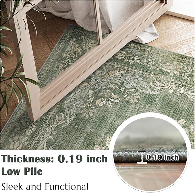 jinchan Green Floral 5x7 Area Rugs for Living Room - Machine Washable Distressed Vintage Design Soft Low-Pile Non-Slip Carpet for Dining Room Bedroom Home Office Nursery (5x7ft,Dark Green)