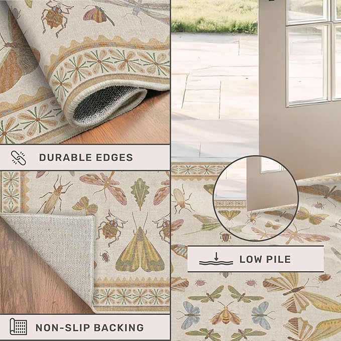Boho 2x5 Long Bathroom Rug - Laundry Room Rug Runner for Kitchen, Washable Non Slip Soft Stain Reistant Beige and Yellow Neutral Insect Design Decor