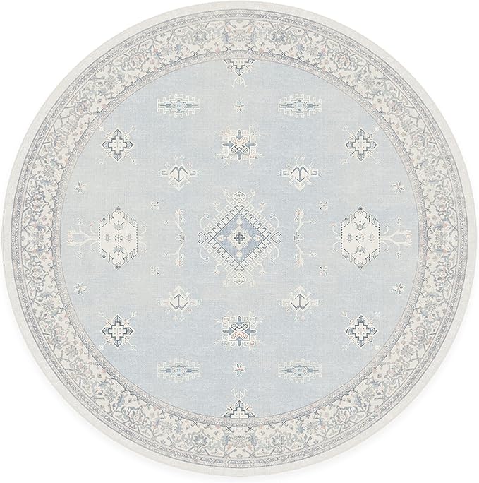 RUGGABLE Washable Vintage Area Rug – Verena Soft Blue 6 ft Round, Stain-Resistant, Non-Slip – Medium Machine Washable Rugs for Living Room, Bedroom, Hallway, Entryway & Office–with Standard Pad