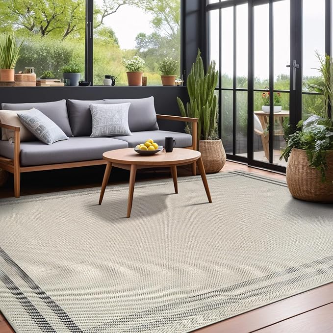 Easy Jute Rugs 6x9 Bordered Bone Color Living Room Indoor Outdoor Area Rug for Patio and Kitchen Rug High Traffic Washable Easy to Clean Solid Boho Woven Design Outside Carpet (6 x 9)