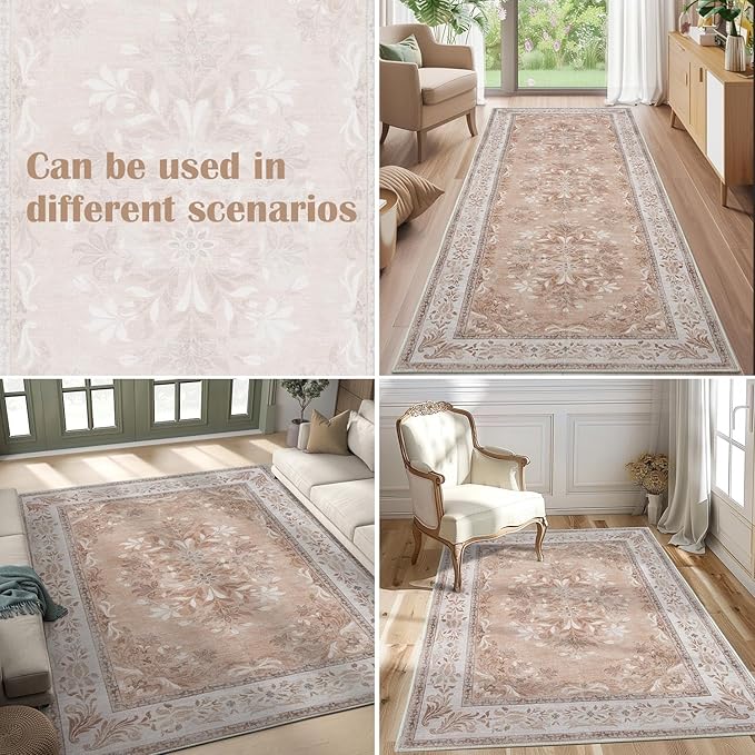 jinchan Floral 2x3 Rugs for Entryway - Vintage Washable Area Rug Ultra-Thin Low Pile Soft Small Non Slip Distressed Indoor Door mat Accent for Entrance Kitchen Bedroom (2x3ft, Coral Pink)