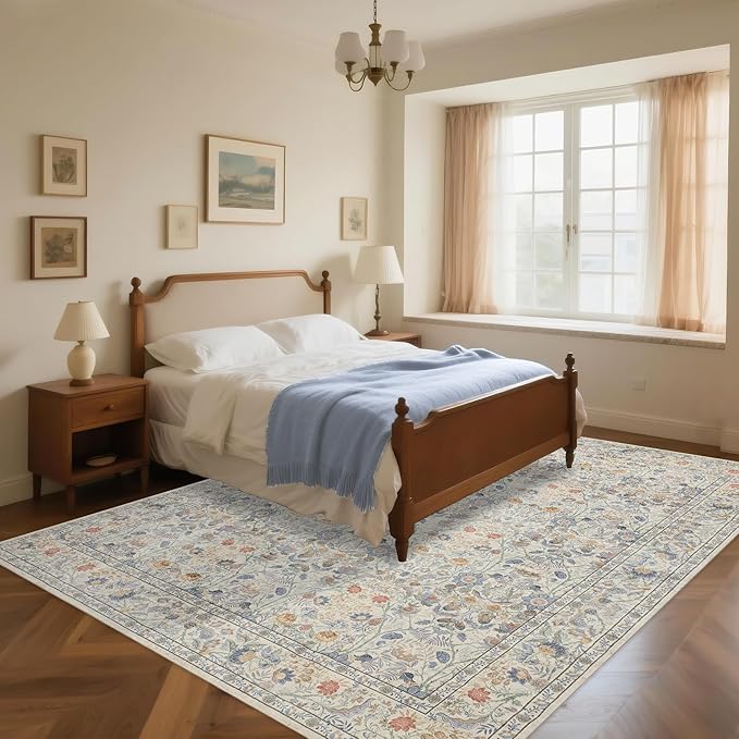 Washable Living Room Rug: 10x14 Boho Floral Soft Area Rug for Bedroom Decor - Vintage Low Pile Thin Carpet for Dining Room Non-Slip - Farmhouse Stain Resistant Rugs - Beige Blue