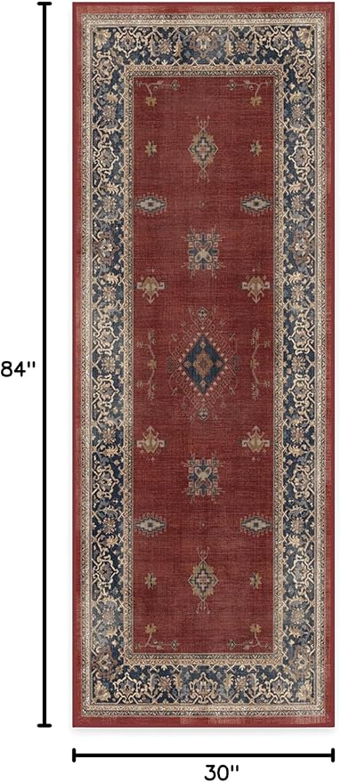 RUGGABLE Washable Vintage Runner Rug – Verena Amber Red 2.5x7, Stain-Resistant, Non-Slip Hallway Runner – Machine Washable Rug for Hallway, Entryway, Living Room & Kitchen–with Cushioned Pad