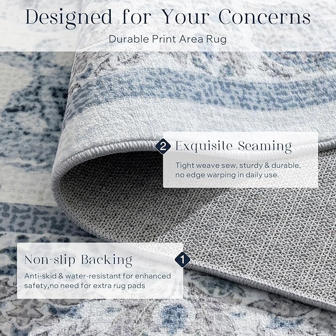 Phantoscope Washable Area Rug 9'x12' Non-Slip, Vintage Neutral Rugs for Living Room, Bedroom, Dining Room, Distressed Boho Floral Medallion Pattern, Low-Pile Foldable Floor Carpet, Blue/White