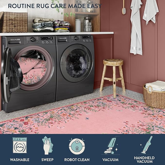 Lahome Boho Floral 8x10 Pink Rugs for Bedroom Girls, Non Slip Washable Nursery Rugs for Living Room, Pastel Indoor Throw Carpet for Dorm Classroom Playroom(Pink,8x10)