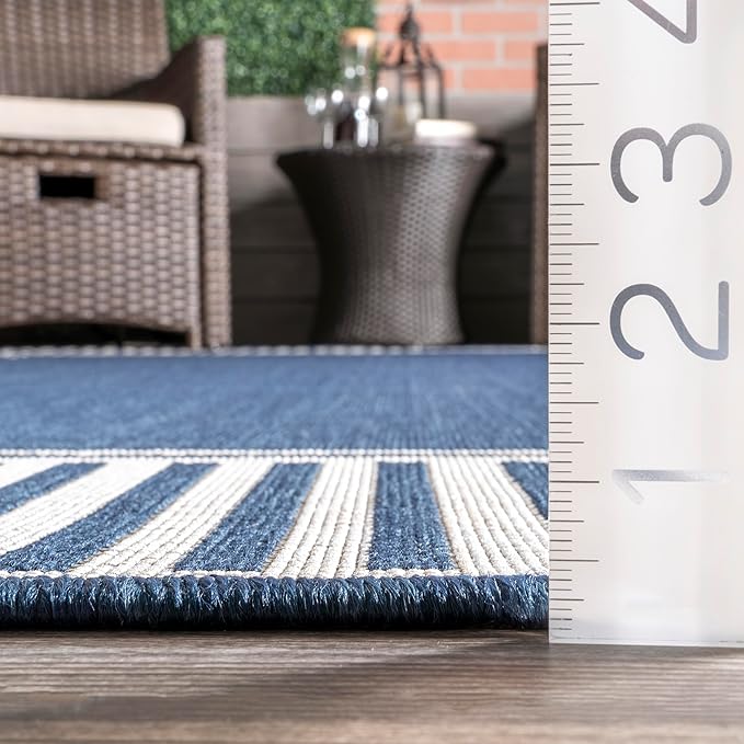 Nuloom Asha Navy/Ivory, 6'7" Square, Casual, Striped Border, Soft and Cozy, High Traffic, Stain Resistant, Easy Clean, Durable Area Rug for Indoor/Outdoor Patio, Deck, Porch, Garden, Courtyard
