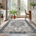KOZYFLY Boho Area Rug 5x7 Ft Thin Washable Rugs for Living Room Faux Wool Throw Carpet Printed Non Slip Rug for Entryway Bedroom Dining Room Living Space, Black/Taupe/Beige
