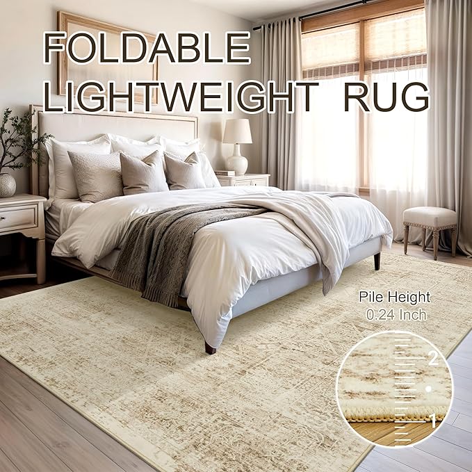 5x7 Area Rugs Brown Low Pile Indoor Washable Trendy Faded Style Floral Rugs for Bedroom Living Room Dining Room Foldable Non-Slip Thin Print Mat
