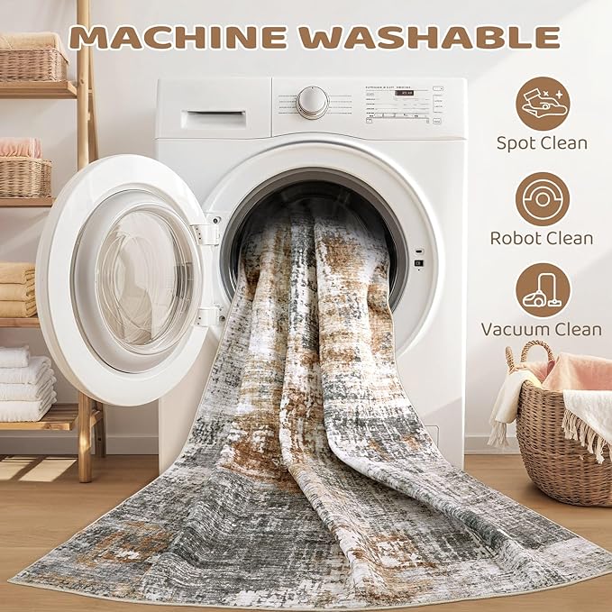 Square Area Rug Living Room Rugs - 5x5 Washable Large Soft Indoor Neutral Modern Abstract Low Pile Rug Carpet for Bedroom Dining Room Farmhouse Home Office - Grey Brown