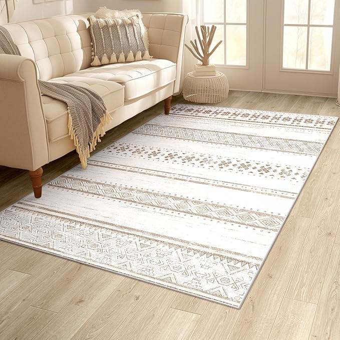 BESTSWEETIE 3x5 Area Rugs for Living Room Washable Moroccan Farmhouse Neutral Geometric Low Pile Non-Slip Soft Print Pattern Rug for Bedroom Kitchen Dining Room Entryway Cream/Brown/Pink